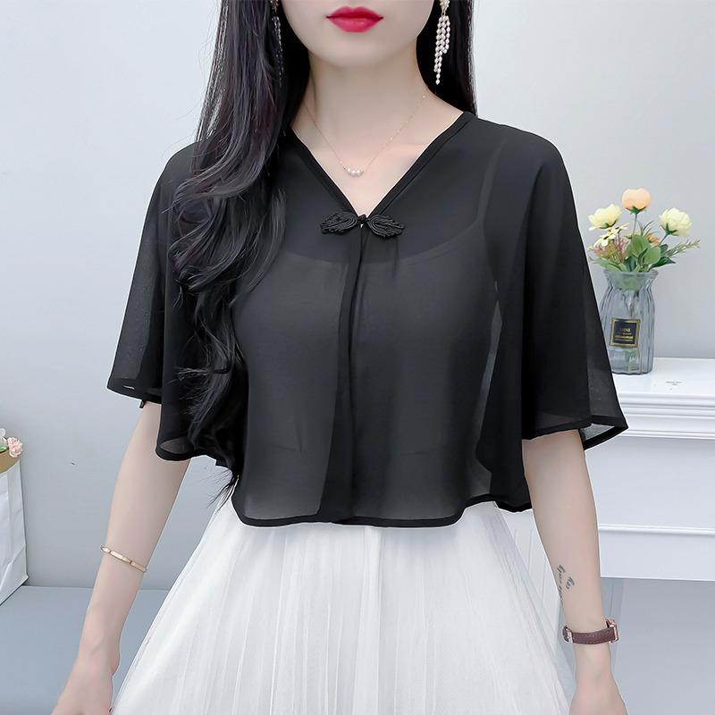 Women's Summer Chiffon Shawl with Camisole Dress and Lightweight French Style Cardigan Cover-Up