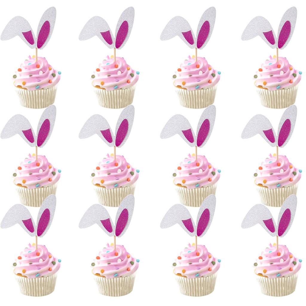 12Pieces Rabbits Ear Cupcake Toppers Easters Cake Decoration Set Easters Cake Picks Set Suitable for Party Celebration