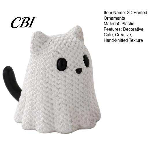 Moisture-proof Spooky Decoration 3D Printed Ghost Dog/Cat Figurine Ornaments, Knitted Texture Halloween Animal Stable Decorations, Small Cute