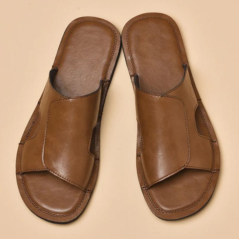 Мода Мода Мужские Сандалии на Мягкой Подошве Однотонные С Открытым Носком из Натуральной Кожи Сандалии для Ходьбы 2025 Новые Пляжные Дышащие Нескользящие Шлепанцы