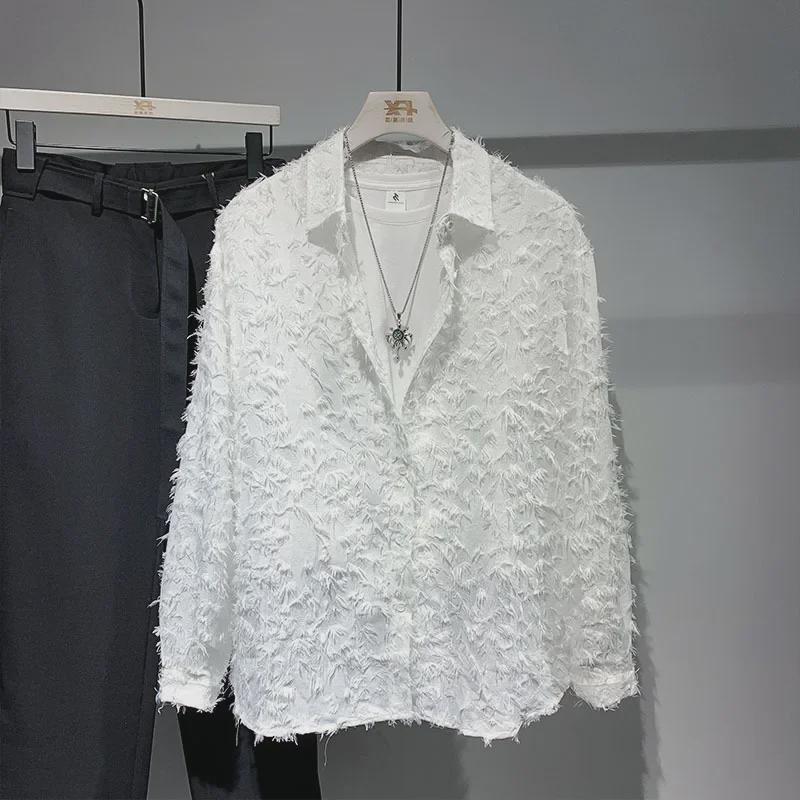 Летняя мужская рубашка с длинным рукавом и лацканами класса люкс 2024 года с меховой отделкой