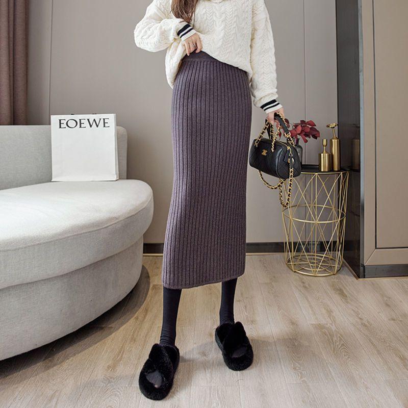 Осенне-зимняя трикотажная юбка средней длины для женщин с толстыми вогнутыми полосками Прямая юбка, облегающая ногу Юбка с разрезом средней длины