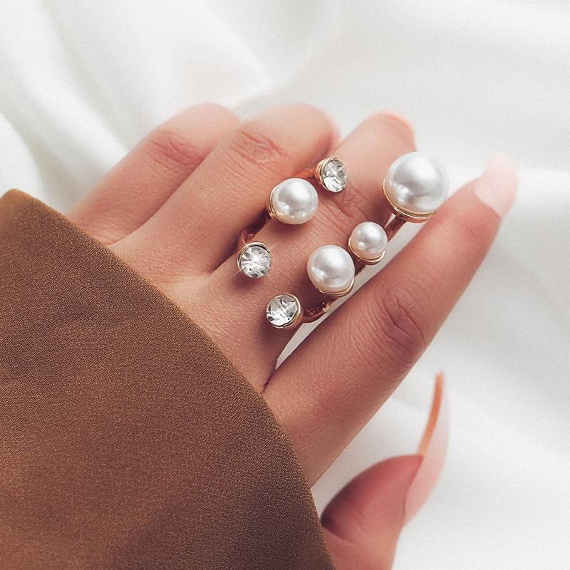 Creative Exaggerated Double-layer Pearl Ring Niche Design Irregular Diamond Inlaid Open Ring Women's Fashionable Jewelry Gift