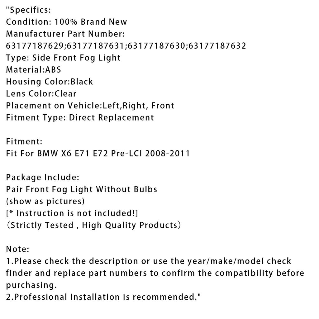 Pair Front Fog Light Lamps Without Bulbs For BMW X6 E71 E72 08-11 63177187631