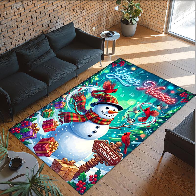 Snow Theme Crystal Velvet Floor Rug Personalized Custom Name Text Warm Carpet Home Decoration