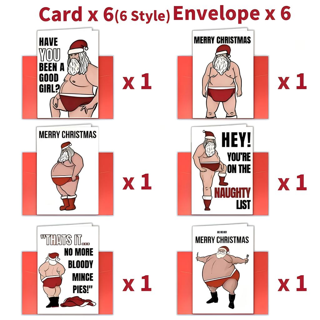 12pcs Funny Santa Claus Christmas Cards with Envelopes - Naughty Santa In Red Swim Trunks, Birthday Boy/Merry Christmas Quotes