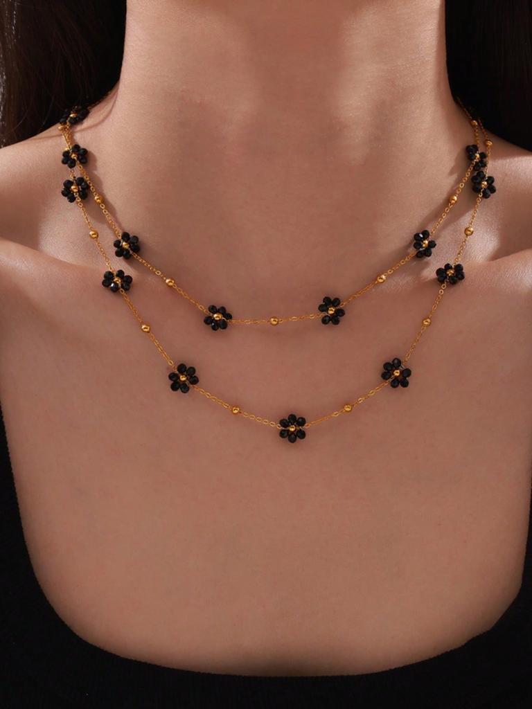 1 Набор Винтажный Британский Стиль Нержавеющая Сталь Циркониевый Набор с Бусинами из Натурального Камня и Цветочным Декором, Женский Циркониевый Подарок