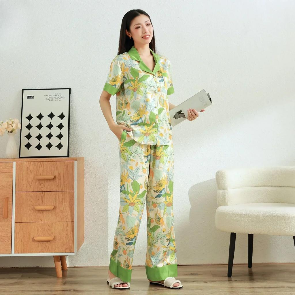 Новый французский женский комплект пижамы Ice Silk Printed со средним рукавом, с эксклюзивным дизайном, домашний костюм с лацканами Ins Style, пижама
