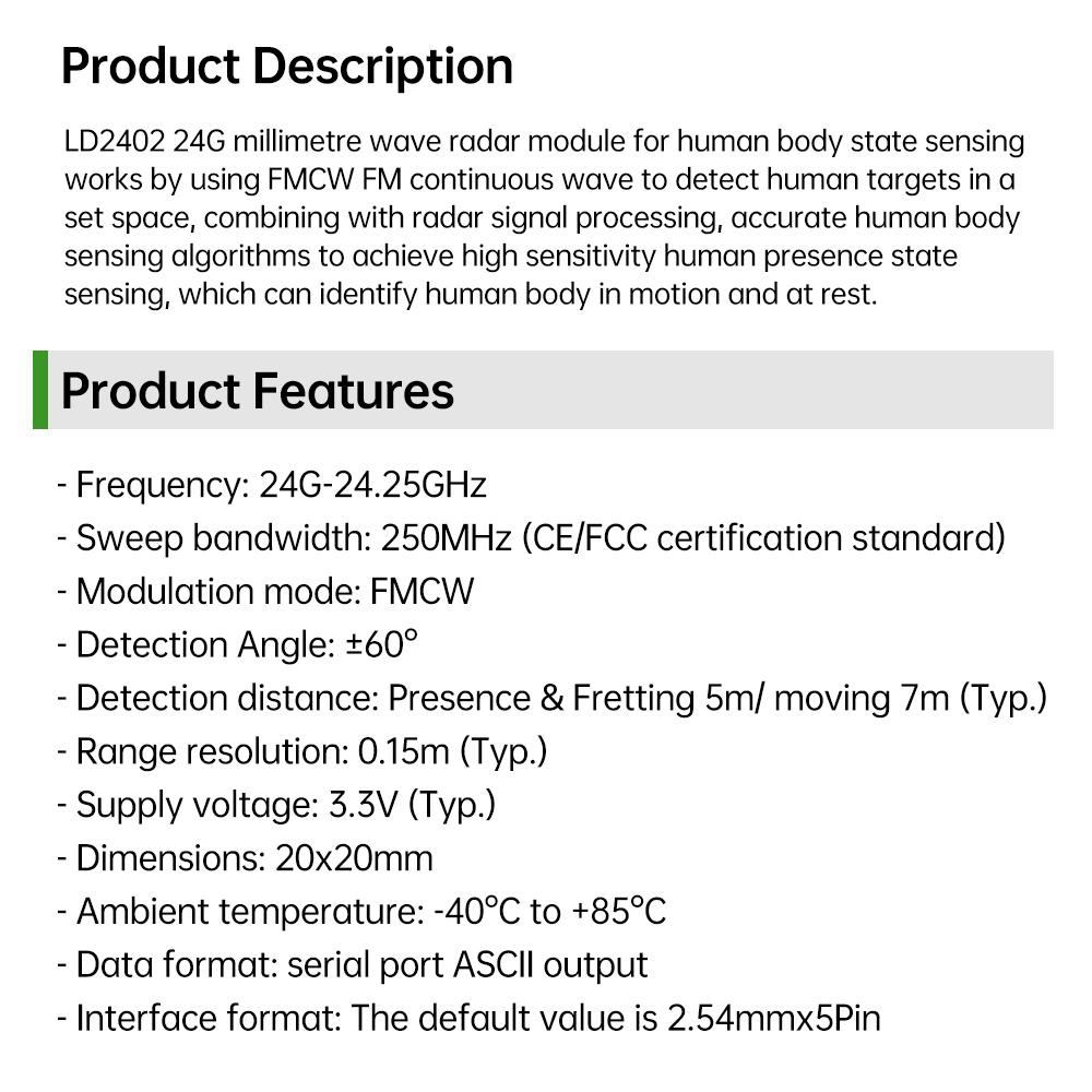 HLK-LD2402 Millimeter Wave Radar Sensor Module 24G-24.25GHz Human Body Micromotion Sensor Smart Switch