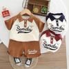 Boys' 2-Piece Cotton Set - Short Sleeved English Letter POLO Shirt+Casual Shorts Two-Piece Set - High-Quality Baby Casual Clothes -S-XXL