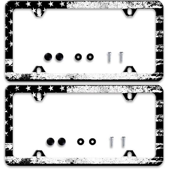 2 Pcs Grey Black Leopard Print License Plate Frame Cheetah License Plate Frames Personalise Stainless Steel Funny Design Compatible with Standard