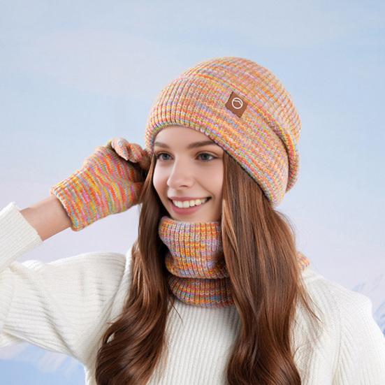3Pcs/Set Winter Hat Scarf Gloves Set Thickened Velvet Lining Colorful Elastic Fit Knitting Hat Neck Warmer Gloves Set