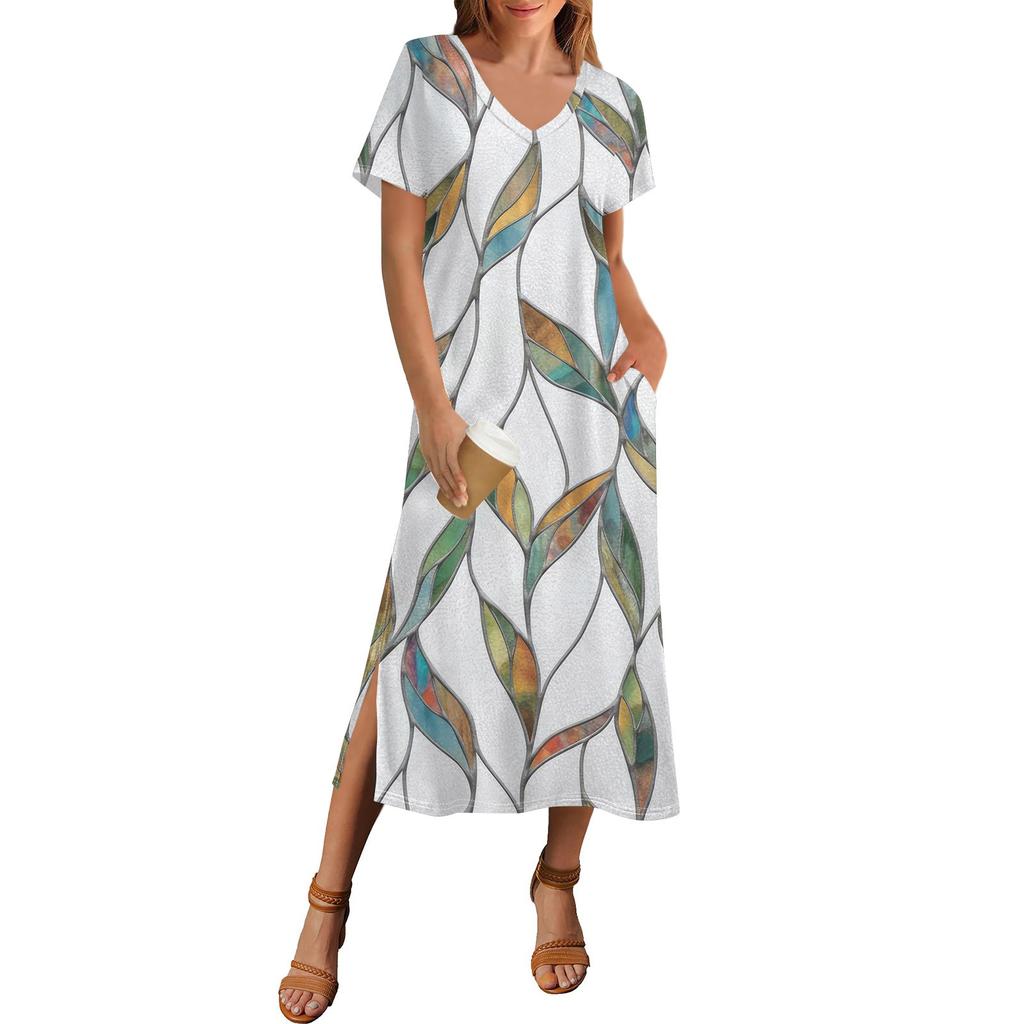 Women's Summer Floral Print Dress Short Sleeve Beach Dress With Pocket Casual V-neck Hem Side Slit Dress