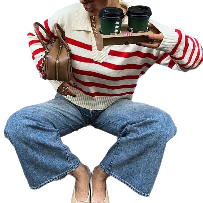 Women's Polo Collar Knit Sweater Red White Stripe V-Neck Long Sleeve Casual Fitted Top