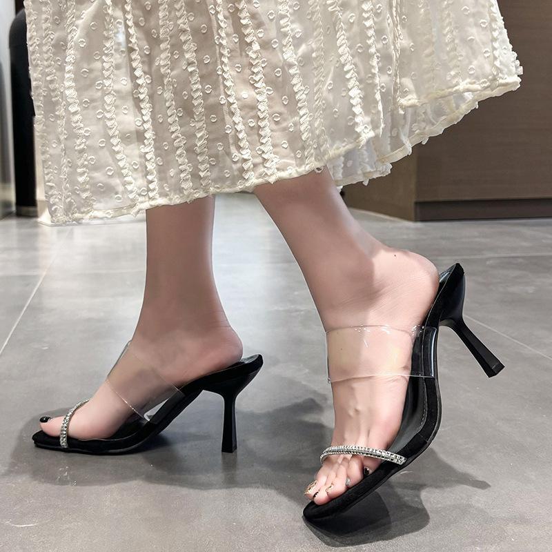 One Word with Rhinestone 2025 Summer New Square Head Thin Heel Internet Celebrity Transparent High Heel Open Toe Slippers Outside Wear