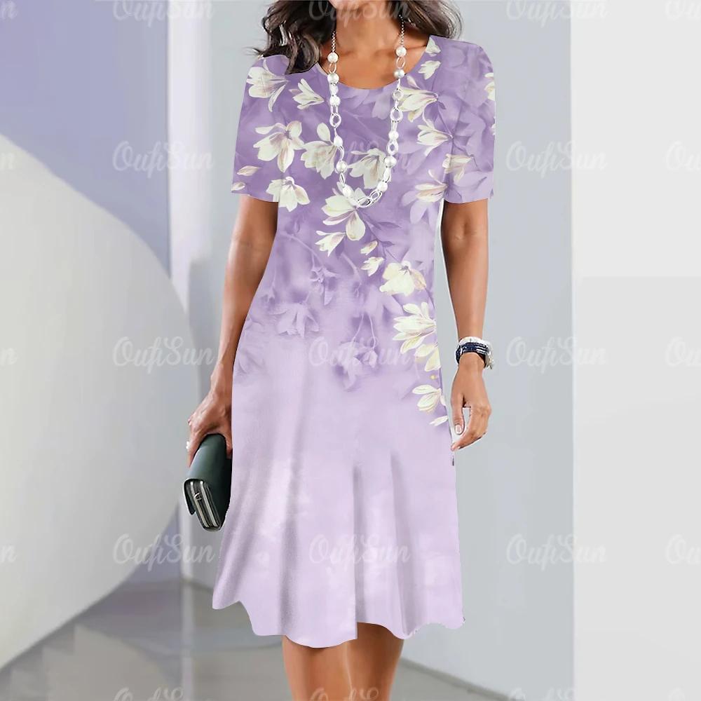 Классическая женская одежда Платья Летние красные наряды Простая женская одежда Цветочный принт Платье Свободная юбка-трапеция с круглым вырезом