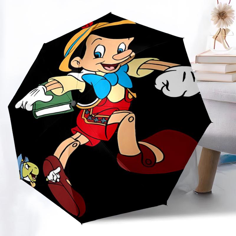 Pinocchio & Jiminy Cricket Cartoon Automatic 3-Fold Umbrella Design, Cute Cartoon Pattern, Portable Outdoor Umbrella, Perfect, Holiday Gift
