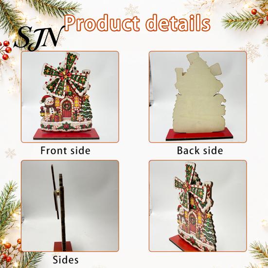 Christmas Gift for Family Windmill Wooden Ornament, Decorative Craft with Rotating Theme Desktop Ornament Blades, Handmade Figurine Holiday