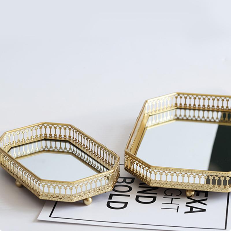 1шт поднос-органайзер для спальни, поднос для украшений, элегантные восьмиугольные подносы для косметики, металлическое настольное зеркало, основание для украшений, 2 размера