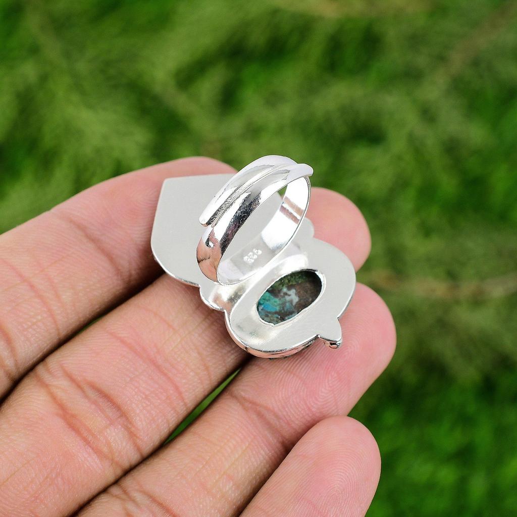 Natural Chrysocolla Gemstone Stackable Bird Adjustable Ring 925 Sterling Silver