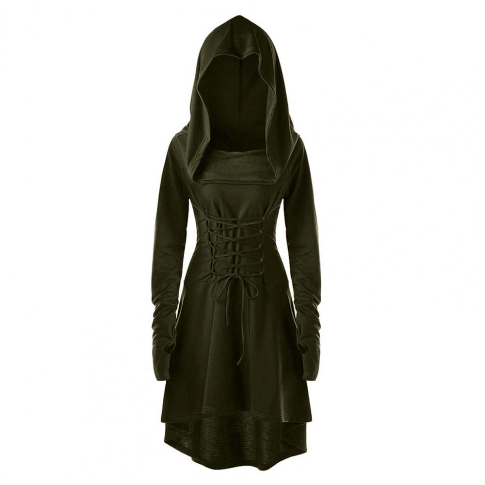 Women Cosplay Dress Gothic Solid Color Lace-up Strap Slim Waist Irregular Hem Hooded Long Sleeves Theme Parties Role-Playing St Practical Use