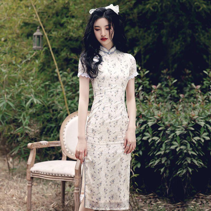 Улучшенное повседневное платье Cheongsam с короткими рукавами в китайском стиле в стиле ретро