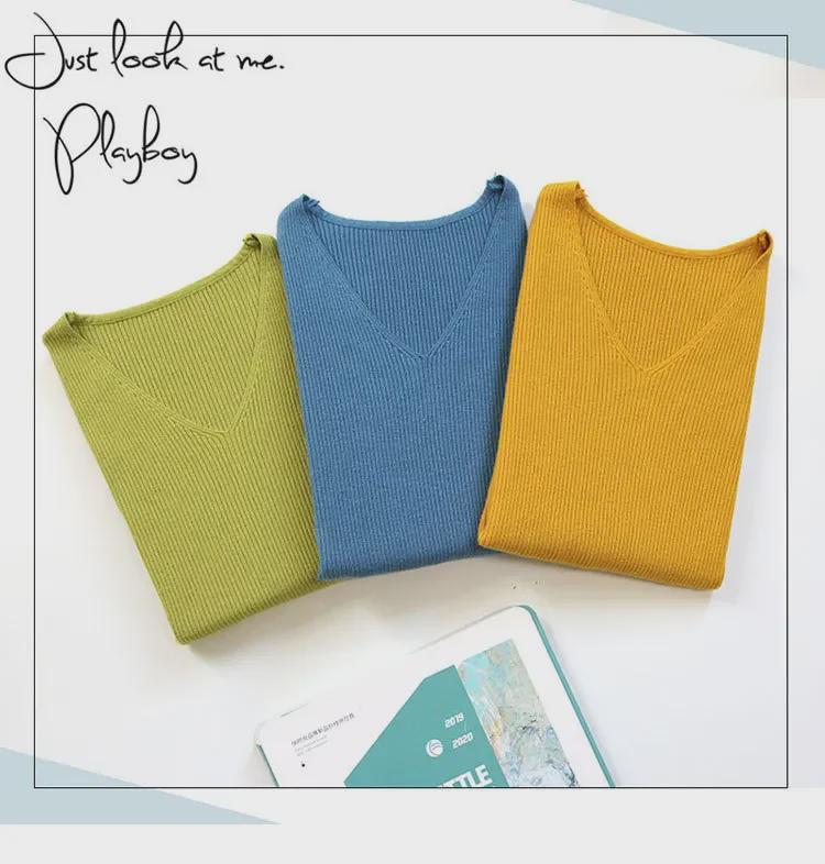 Женский облегающий трикотажный свитер с V-образным вырезом: Модный, с длинными рукавами, теплый для осени и зимы