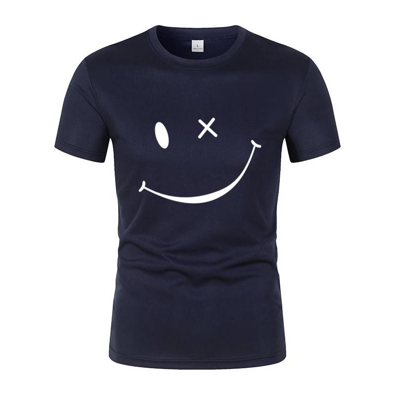 Быстросохнущая дышащая однотонная мужская новая модная простая футболка с забавным принтом смайликов с короткими рукавами, повседневные уличные топы для мужчин