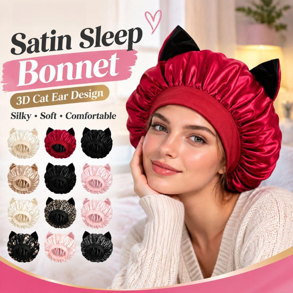 Elastic Band Cat Ear Sleep Cap Breathable Hair Protection Hat New Satin Hair Bonnet Night Sleep