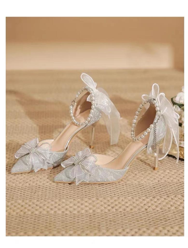 High Heels New Pointed Sequins Bow Hollow Shoes Wedding Shoes Bridal Shoes Pointed Single Shoes