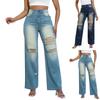Jeans Women's Ripped Pocket Retro High Waisted Straight Leg Pants