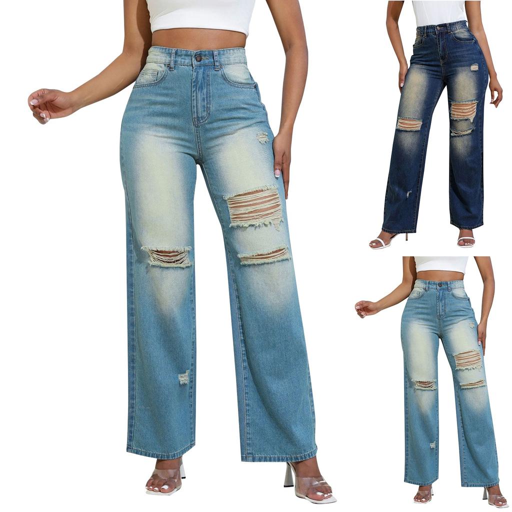 Jeans Women's Ripped Pocket Retro High Waisted Straight Leg Pants