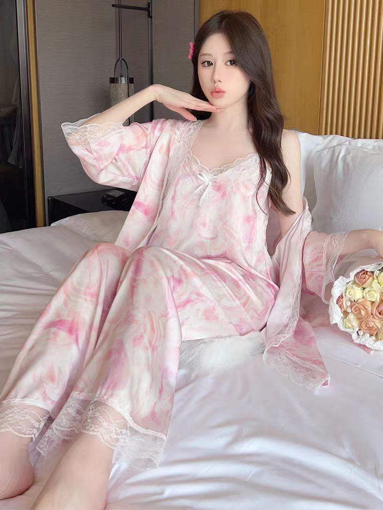 Spring Autumn Pajamas Women's Silk Sexy Sling Nightgown Long-sleeved Trousers Home Clothes Thin Ice Silk Three-piece Suit Summer