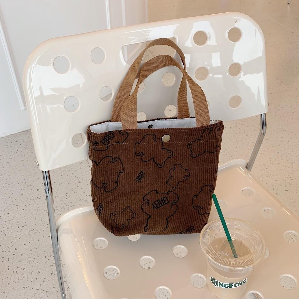 Винтажная вельветовая сумка-тоут для ланча с изображением медвежонка, портативная, большой вместимости, сумка для хранения