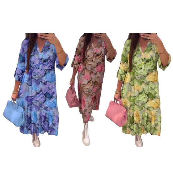 Женское платье макси с цветочным принтом в стиле бохо, летнее свободное платье миди с V-образным вырезом, повседневное платье А-силуэта с длинными рукавами для вечеринок, пляжного отдыха