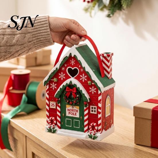Holiday Souvenir Packaging Christmas House Shaped Candy Boxes with Handles, Festive Cottage Decorative Cabin Gift Holders Treat Containers for Cookies