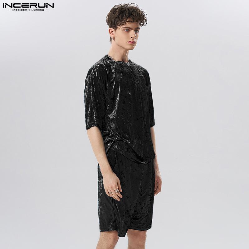 INCERUN Мужские комплекты из 2 предметов Pleuche с короткими рукавами, футболки и шорты, одежда для отдыха, свободный костюм