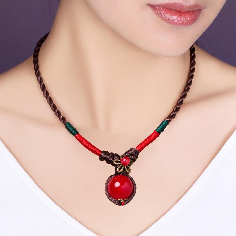 GEMCHIC Женское винтажное этническое ожерелье-чокер с подвеской из красной фасоли и стеклом, на плетёном шнурке, цепочка на ключицы, с комплектом matching сережек и браслета