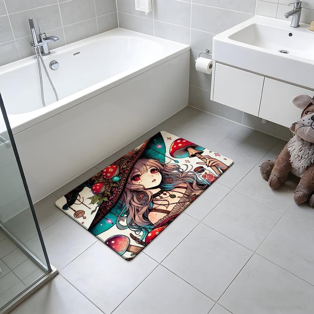 Anime M-Mushroom Witch Floor Mat Absorbent Floor Mat Non-Slip Entrance Rug for Bathrooms Restrooms and Toilets