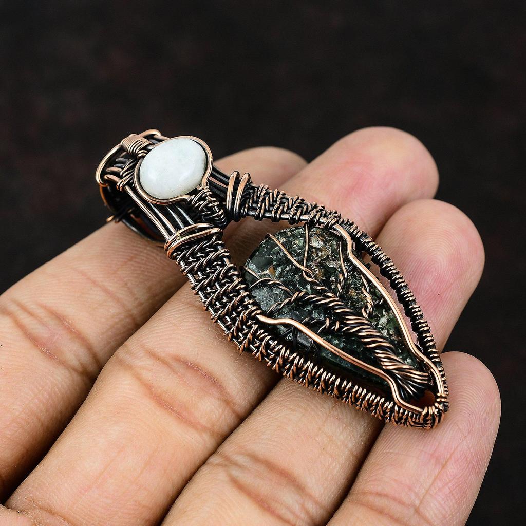 Дерево жизни серафинит медный кулон медная проволока обернутый кулон драгоценный камень ювелирные изделия радужная лунная подвеска ювелирные изделия ручной работы подарок для нее