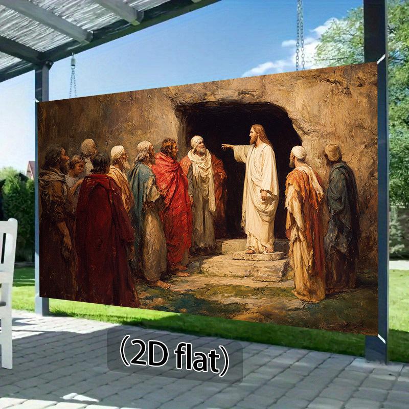 1pc Bible Resurrection Background Picture, Including Jesus, Tomb, and Apostles - Durable Polyester Flat Banner
