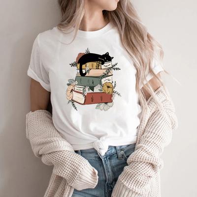 Милая кошка книга футболка с коротким рукавом книги и кошки футболка футболка для чтения футболка для любителей кошек подарок для любителей книг книга книжная футболка