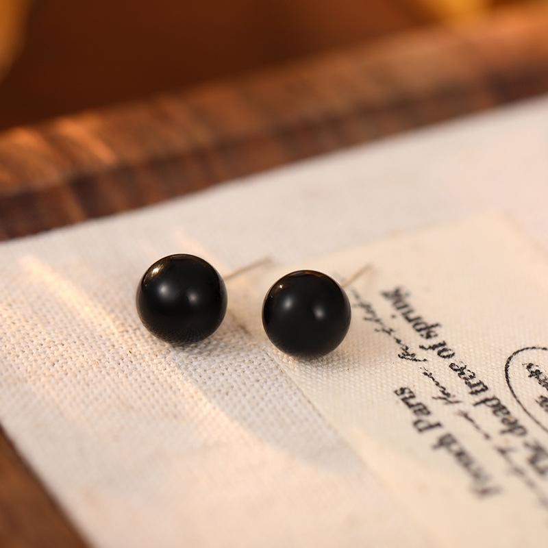 Серебряные корейские серьги с черным агатом для женщин - простые, элегантные, универсальные, небольшие эффектные украшения