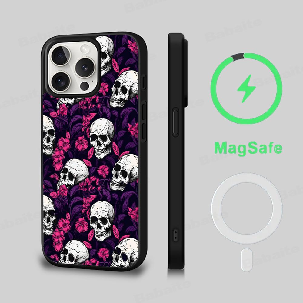 Жуткие узоры в виде черепов Чехол для телефона Магнитный чехол Для IPhone 16 14 13 12 11 15 Pro Max Plus Для Magsafe Беспроводная зарядка Чехол