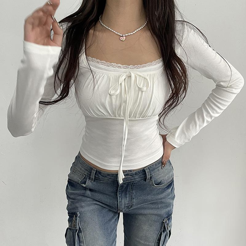 Bandage Folds Square Collar Crop Top Women Fairycore Y2k White T Shirts Basic Knitted Elegant Tees Vintage 2000s Clothing