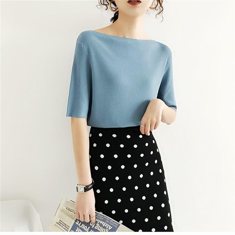 2022 летняя новая однотонная футболка с короткими рукавами, женская футболка из ледяного шелка, свободная корейская вязаная эластичная нижняя рубашка, верхняя одежда