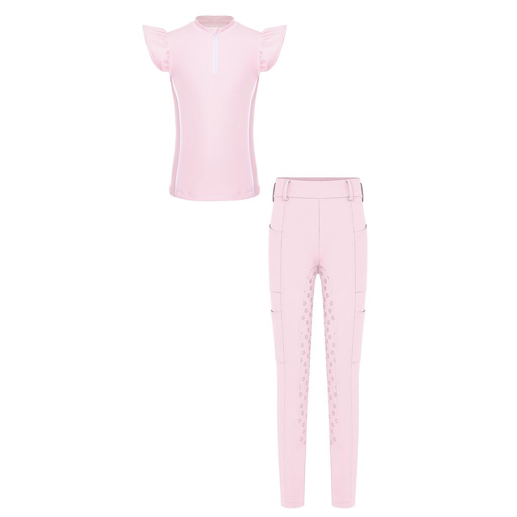 Girls Equestrian Riding Zip Up Stand Collar Ruffled Sleeves Contrast Trim Top Anti Slip Full Seat Breeches Outfit