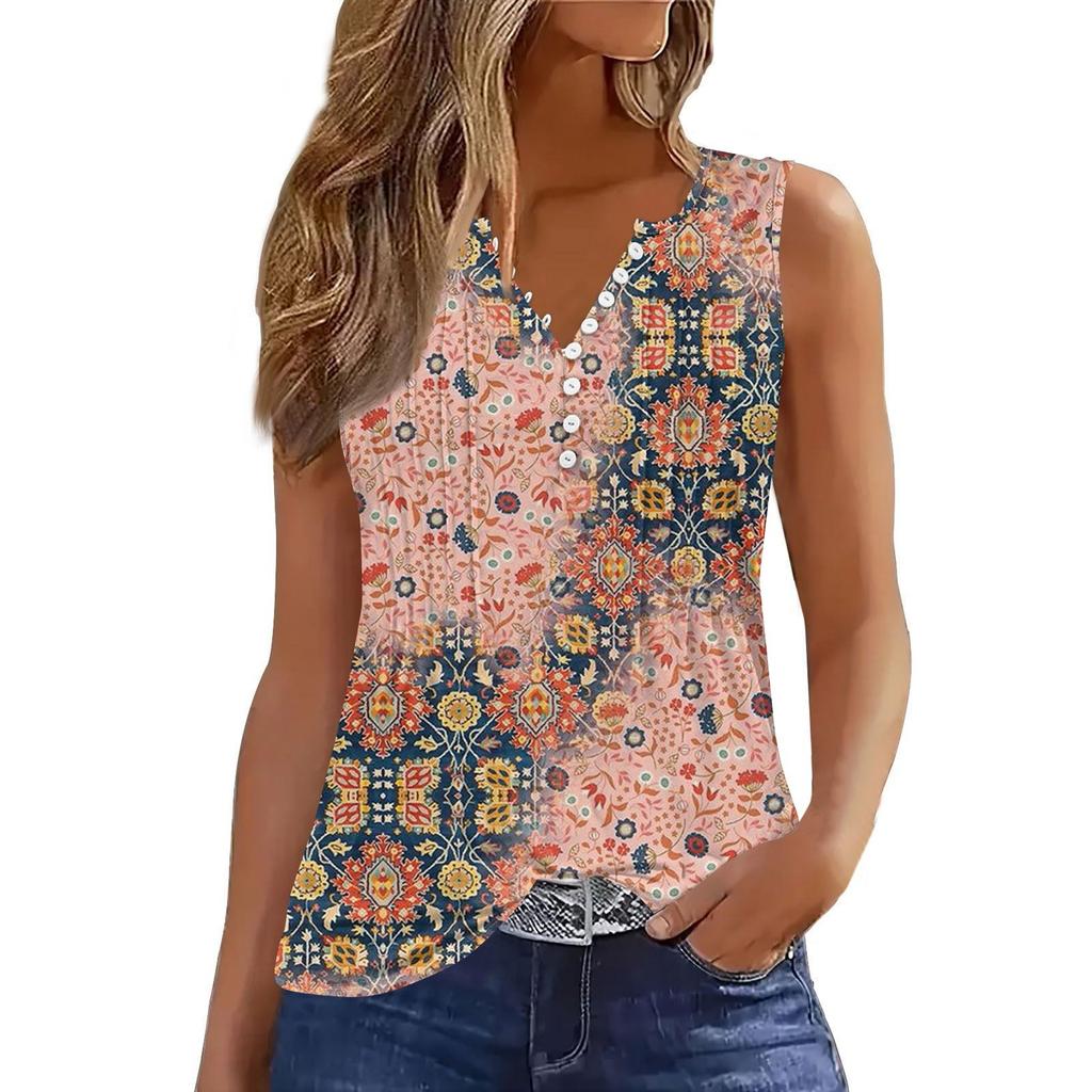 Женская повседневная свободная плиссированная рубашка с цветами и растениями, футболка с V-образным вырезом и застежкой на пуговицы, безрукавка, топ