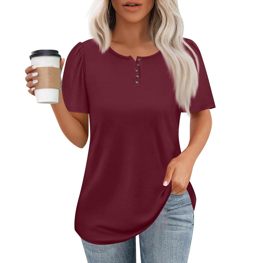 Women's Fashionable Casual Short Sleeve Button Print Round Neck Pullover Top