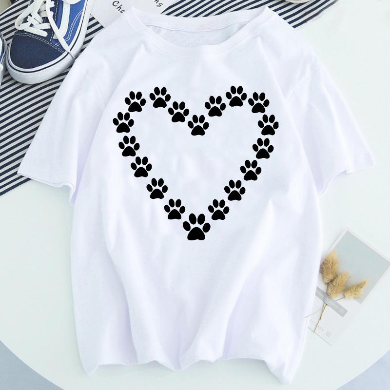 Women Dog Paw Print Short Sleeve Fashion Printed Summer Lady Womens Clothing Tops T-Shirt Shirt Tees Female T Shirt